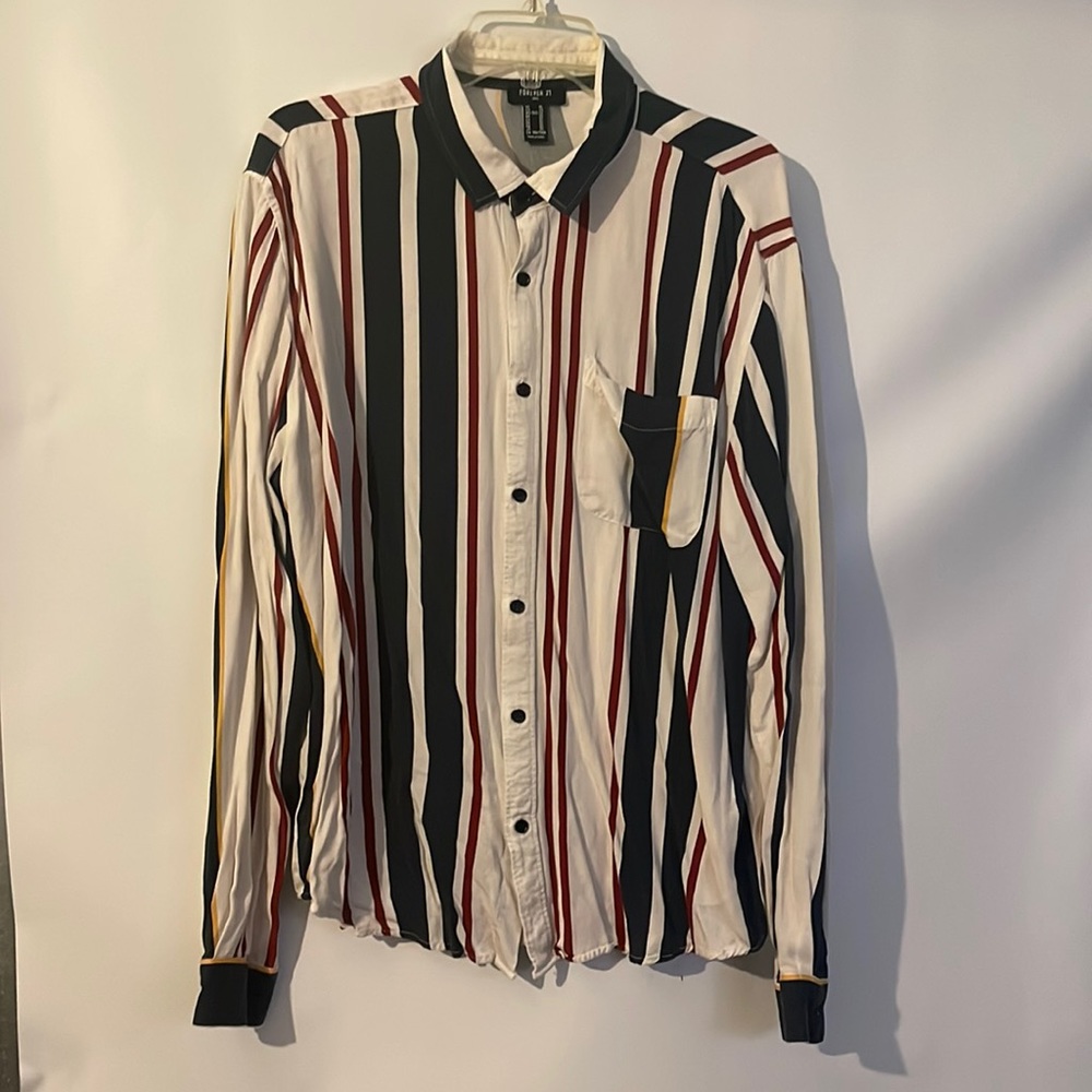 NWOT Forever 21 Button Down Long Sleeves Shirt Stripes Blue White Burgundy XL